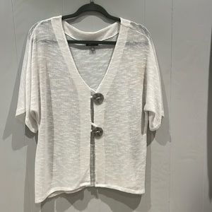 JM Collection White Gauze Sweater. Elbow length sleeves. Large silver buttons.